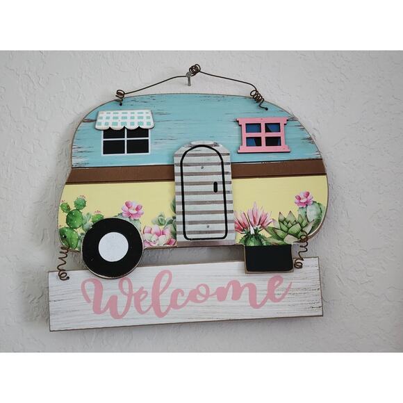 Hanging Sign-"Welcome"-Home on Wheels-Wood and Metal-Unique-Hanging - Picture 3 of 6